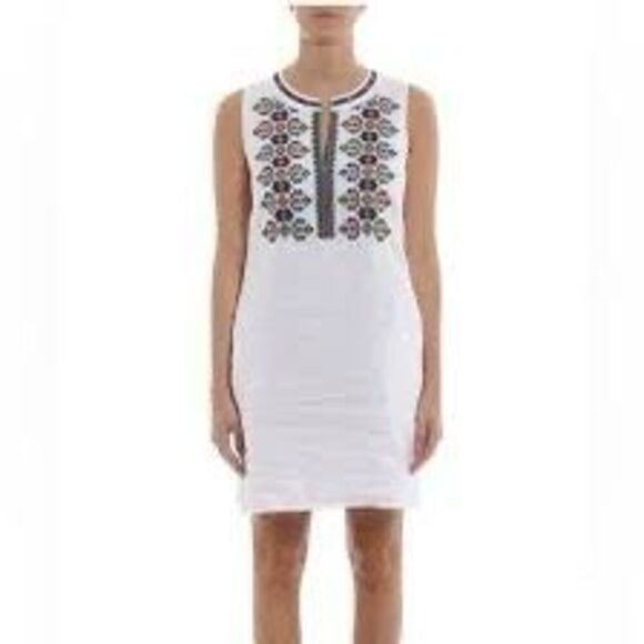 Tory Burch White Embroidered Sleeveless Linen Boho Mini Shift Dress Size Small - Picture 1 of 12